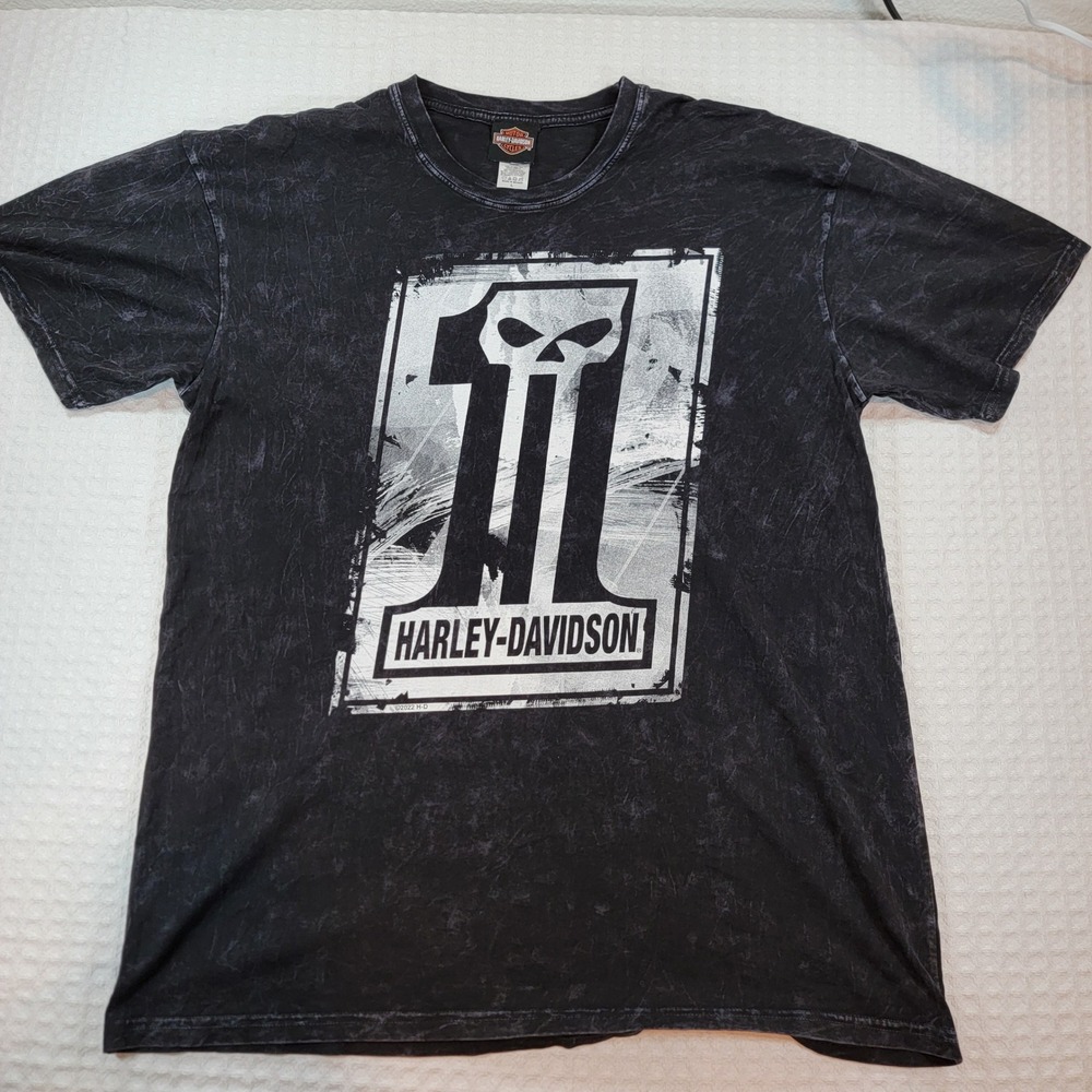 Harley-Davidson Mens Black Acid Wash Punisher Skull Logo T-Shirt Large 2022